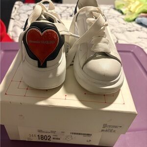 Alexander McQueen White and Black Sneakers with Red Heart